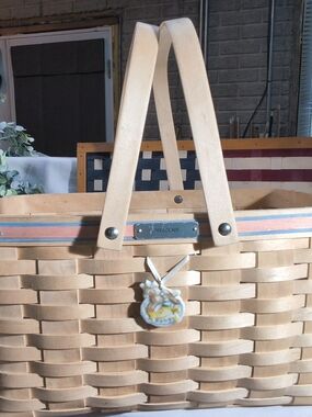 Longaberger Natural Woven Wood Basket with Blue and Pink Accent Stripes